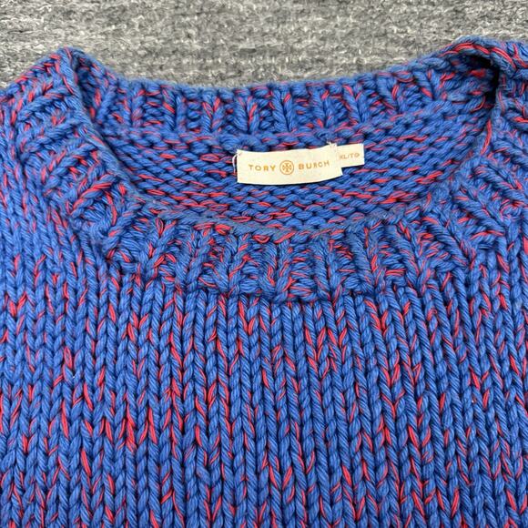 Tory Burch Chunky Knit Sweater Women XL Mouline Red White Blue Short Sleeve Twee - Picture 6 of 9